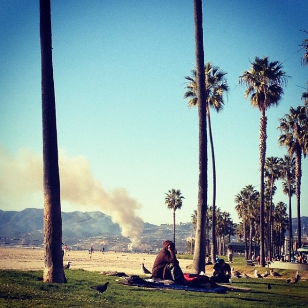 Tool a break from the studio, had my cheeks in the sun, then looked to my right and saw Santa Monica burning #dayofthelocusts thoughts abound . . .
